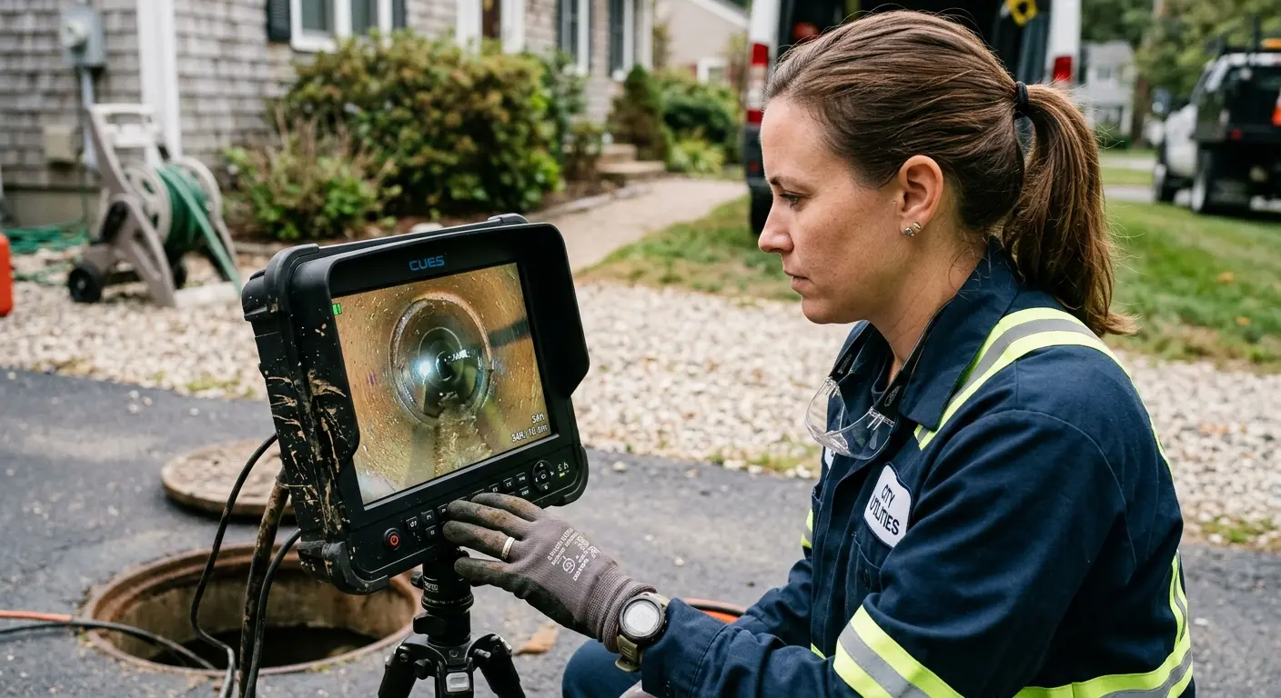 Technician reviewing sewer camera inspection footage in Brentwood