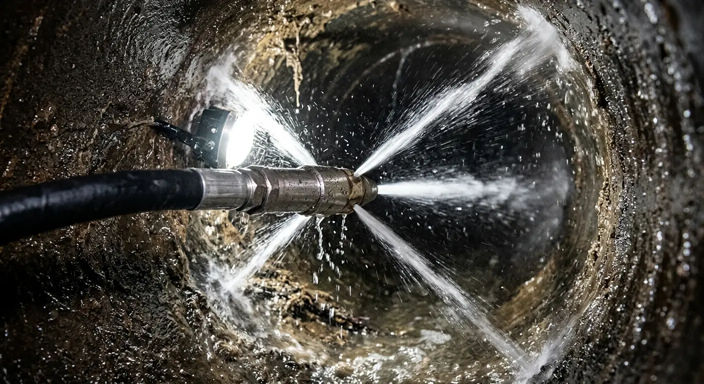 High-pressure hydro jetting nozzle cleaning sewer pipe for Emergency Drain Service in Brentwood