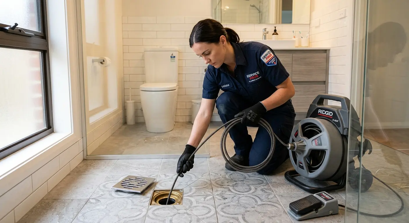 Technician clearing a bathroom floor drain for Drain Cleaning in Brentwood